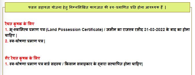 documents for Fasal sahayata yojana Bihar 